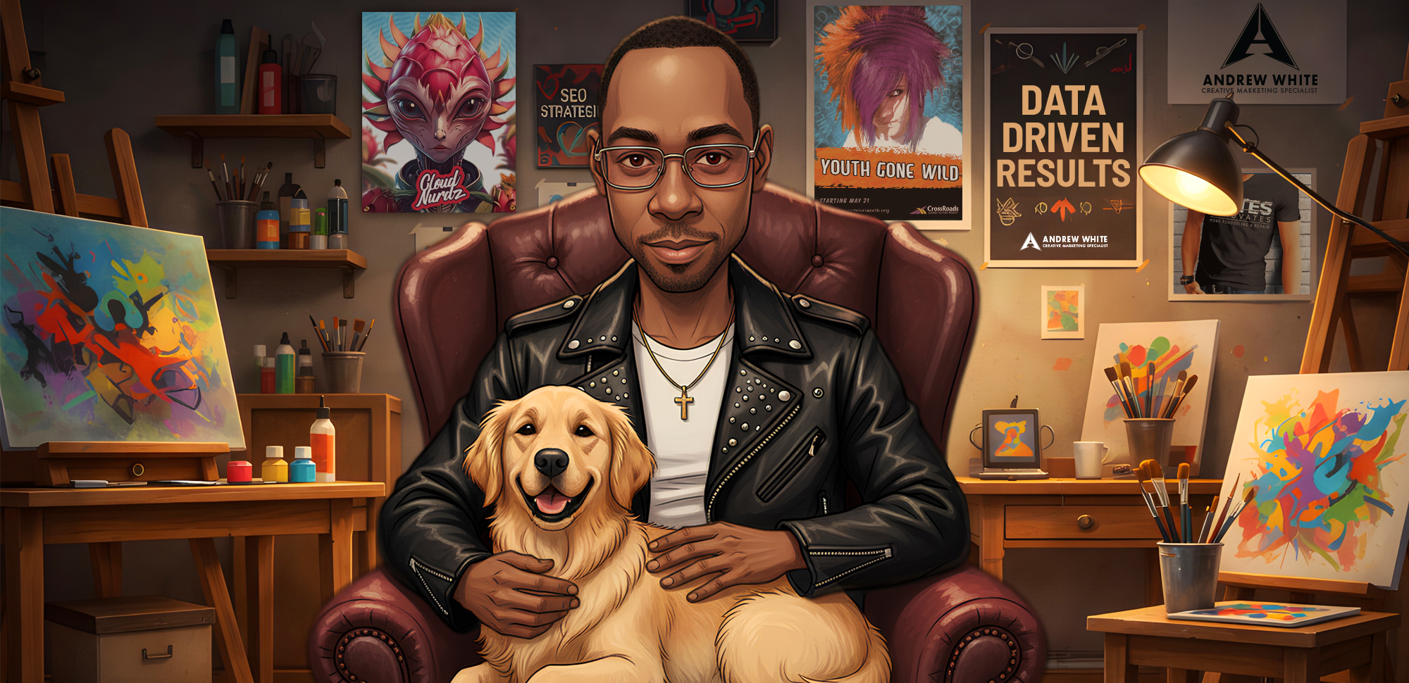 Digital illustration representing the background & profile of a digital marketing specialist and SEO specialist with visual design background, sitting in a studio with a golden retriever surrounded by marketing posters and artwork