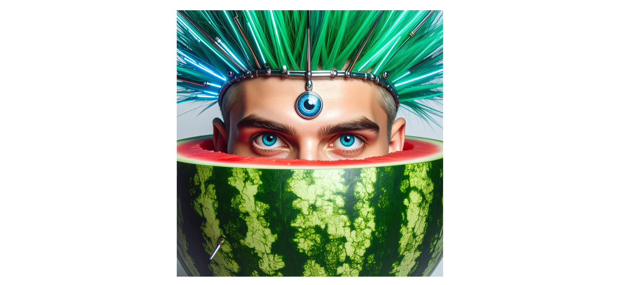 Sci-fi character concept with glowing green hair and a third-eye jewel emerging from a cut watermelon.