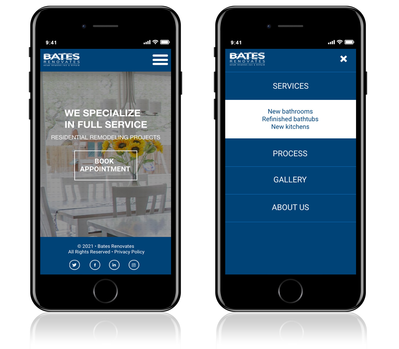 Mobile site interface showcasing contractor brand identity and web design case study elements, including appointment booking and service navigation for Bates Renovates. 
