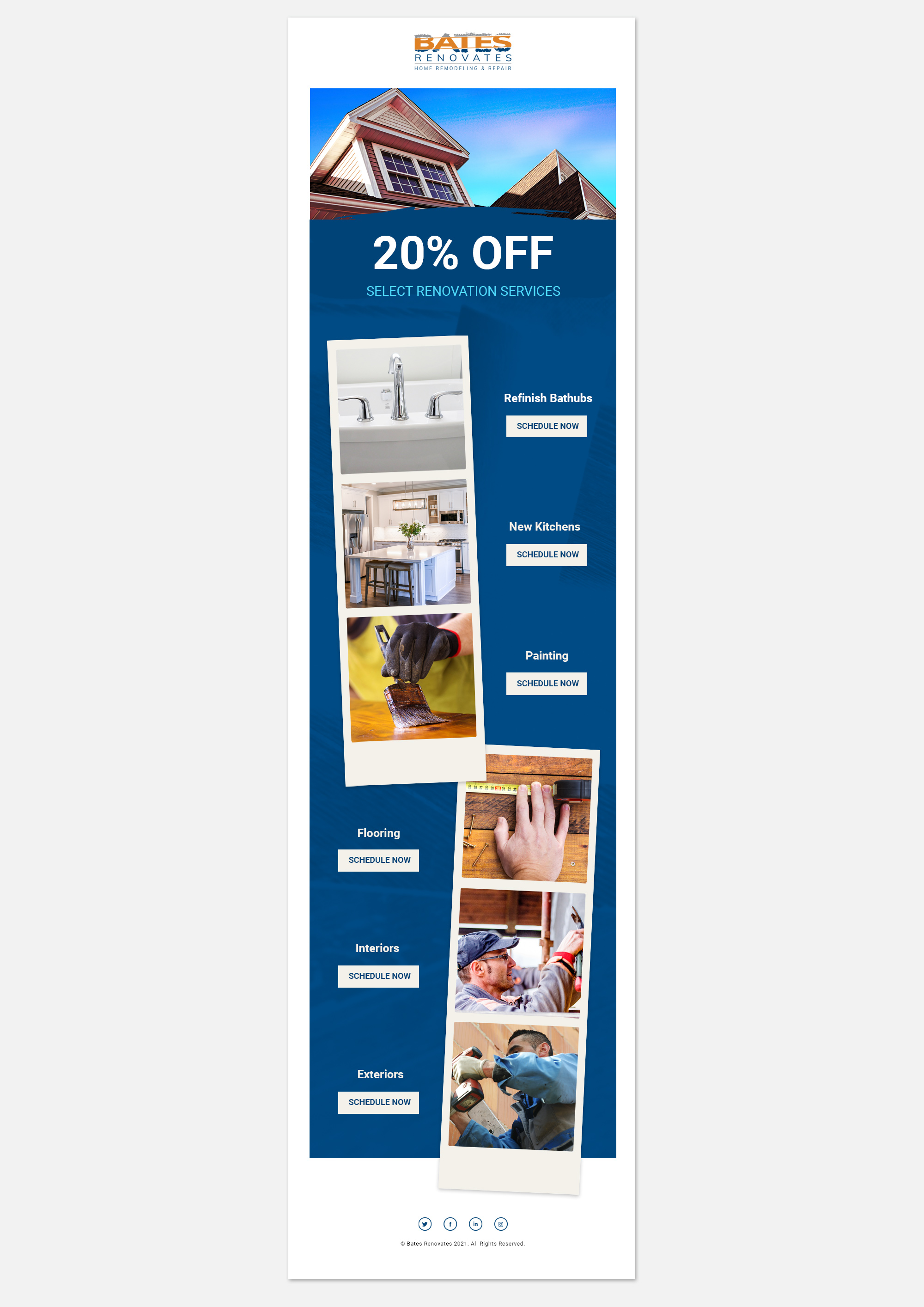 Email campaign template featuring promotional offers across remodeling services, functioning as multi-channel local service marketing assets for Bates Renovates. 