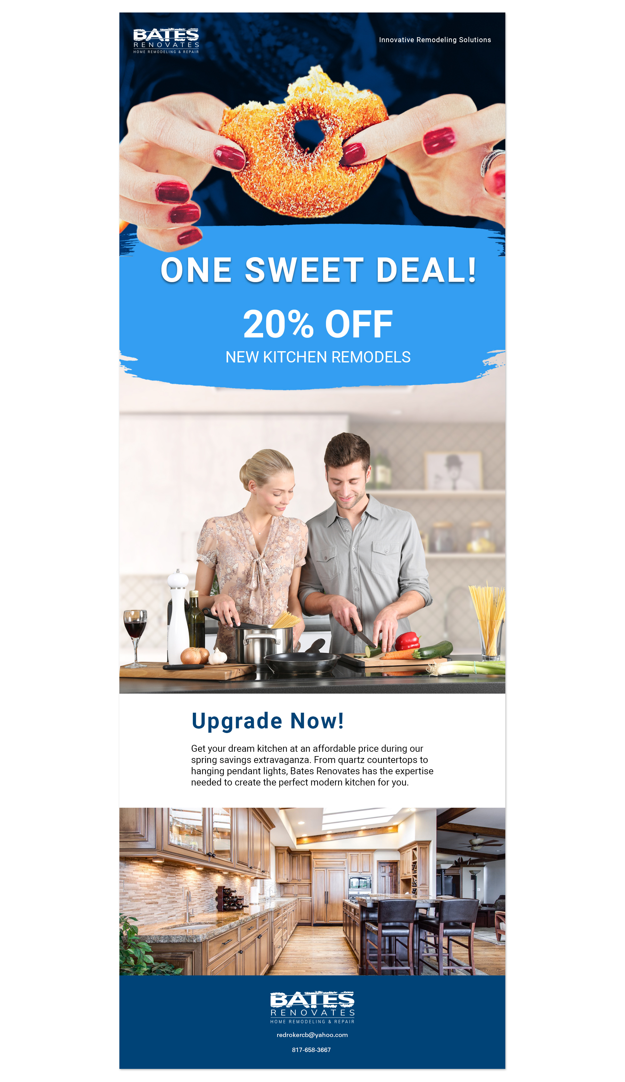Kitchen remodeling promotional landing page layout created as multi-channel local service marketing assets for Bates Renovates home remodeling campaigns.