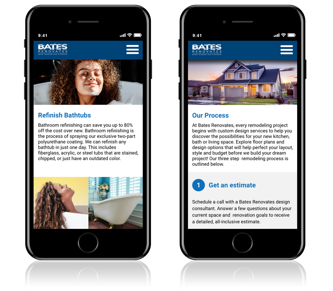 Mobile screen view showcasing bathtub refinishing details and the estimate process as multi-channel local service marketing assets for Bates Renovates. 