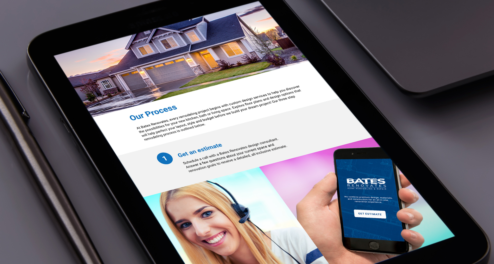 Tablet display paired with a smartphone showing the estimation step as part of multi-channel local service marketing assets for Bates Renovates. 
