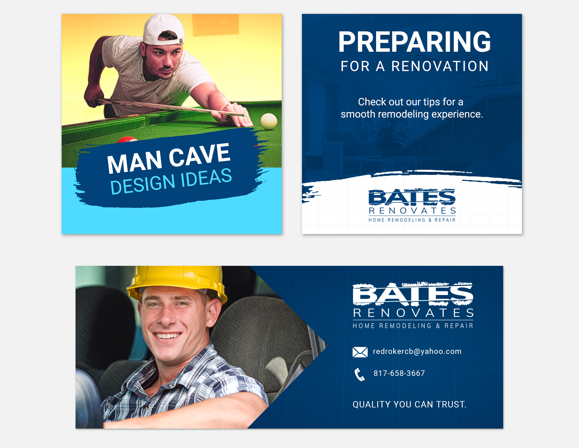 Collection of branded social media graphics and promotional banners created as multi-channel local service marketing assets for Bates Renovates campaigns. 