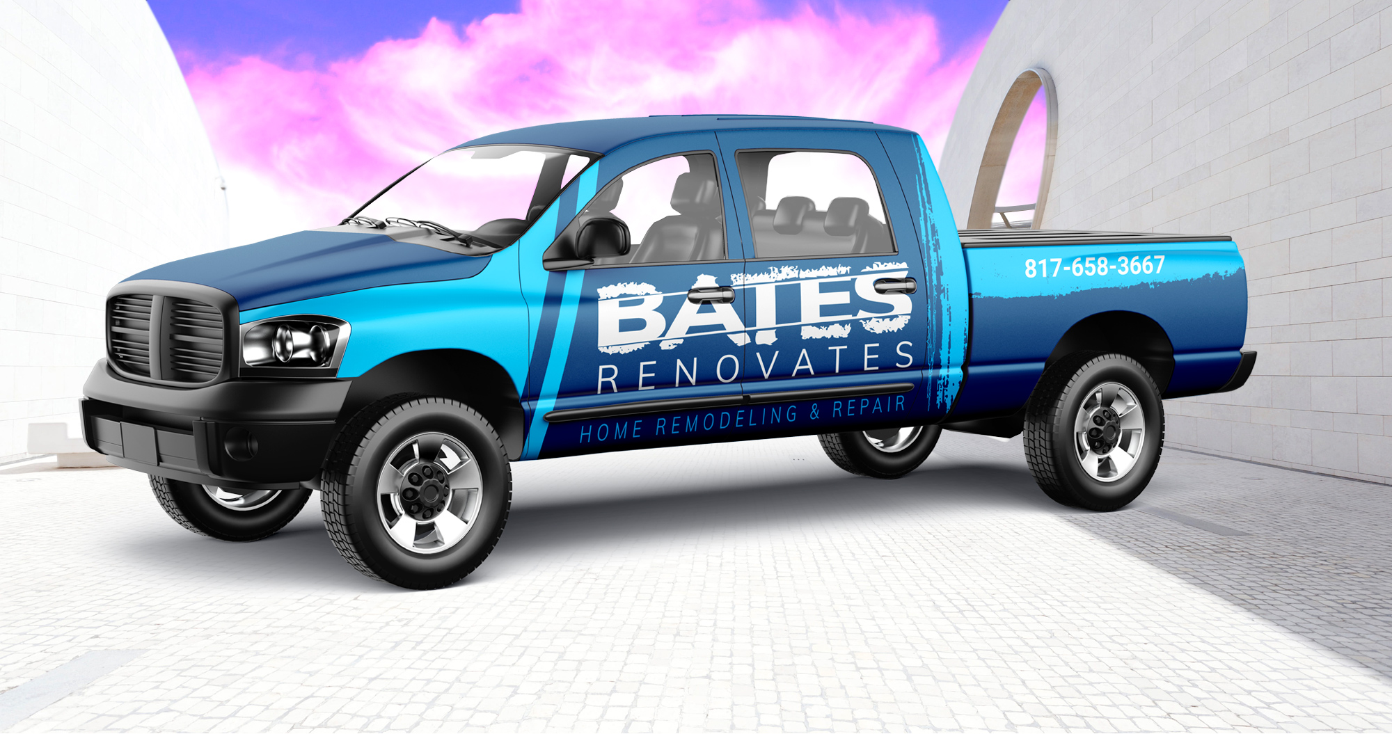 Fully wrapped blue pickup truck displaying corporate branding and phone number, created as multi-channel local service marketing assets for Bates Renovates. 