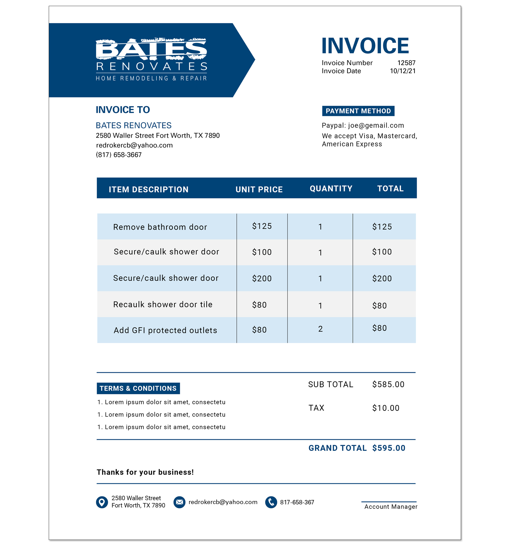 Custom branded invoice template demonstrating a print and digital collateral unification framework for Bates Renovates home remodeling operations.