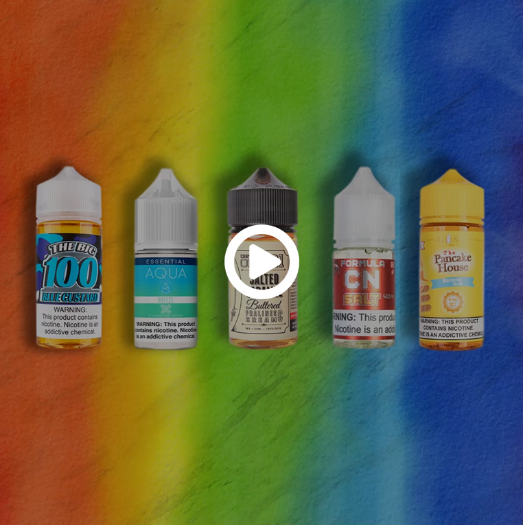 Video graphic showing various e-liquid bottles lined up against a rainbow background, created as part of a digital signage motion graphics engagement strategy for a smoke shop branding case study. 