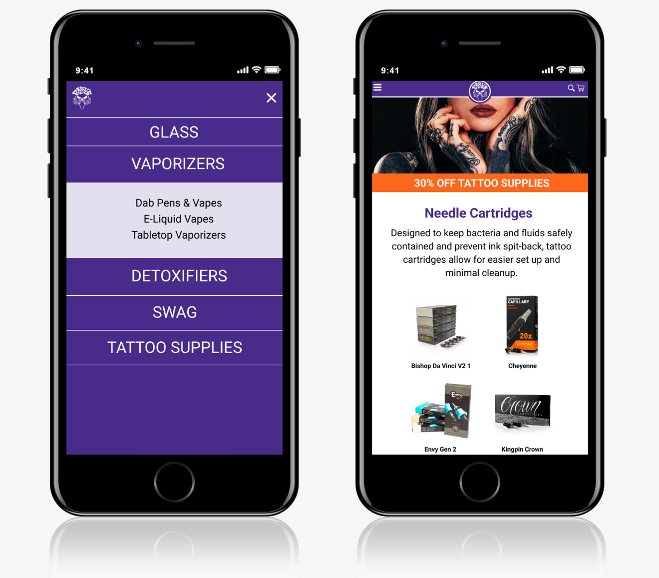 Mobile navigation menu and targeted category promotions displaying omnichannel retail landing page UX optimization for tattoo supplies and e-commerce products. 