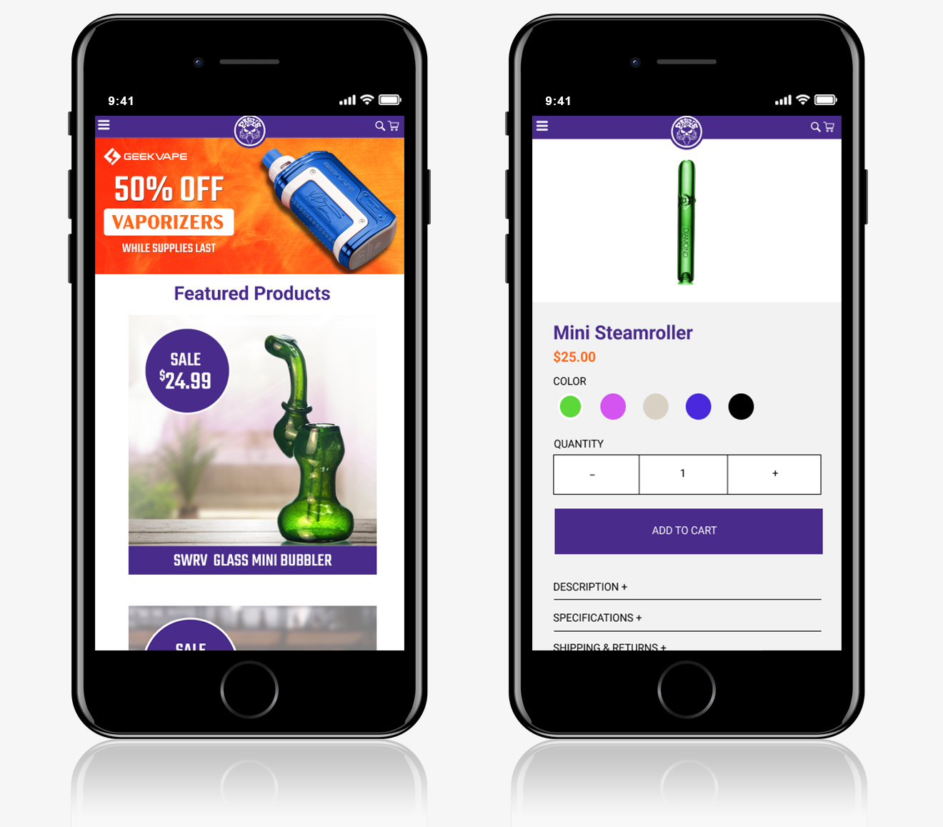 Mobile view demonstrating omnichannel retail landing page UX optimization for a smoke shop e-commerce site, featuring vaporizers and glass pipe product pages. 