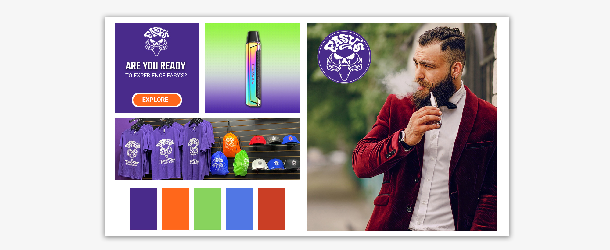 Brand identity style guide collage featuring color palettes, branded apparel, vape hardware, and lifestyle photography for a smoke shop digital marketing case study. 