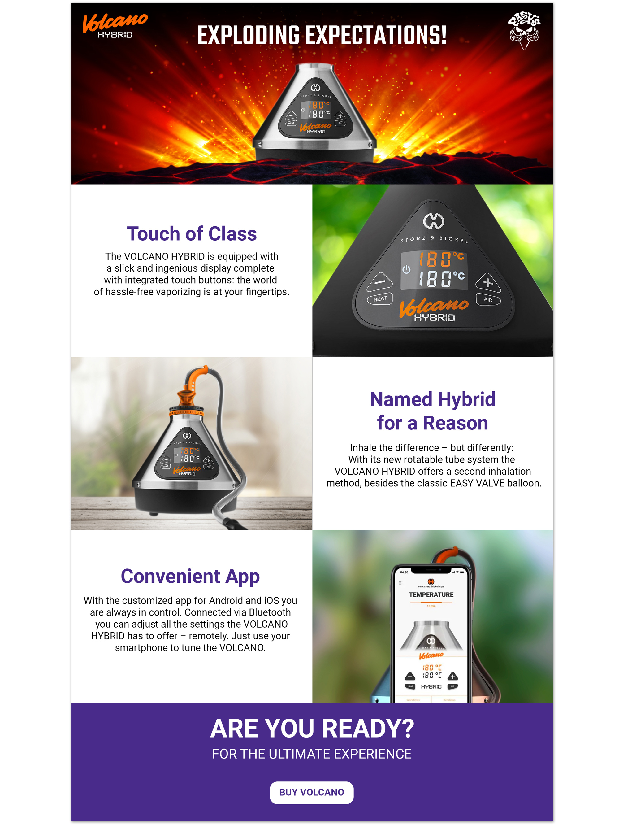 Landing page graphic for the Storz and Bickel Volcano Hybrid desktop vaporizer highlighting its touch display, rotatable whip tube inhalation system, and Bluetooth smartphone app control. 