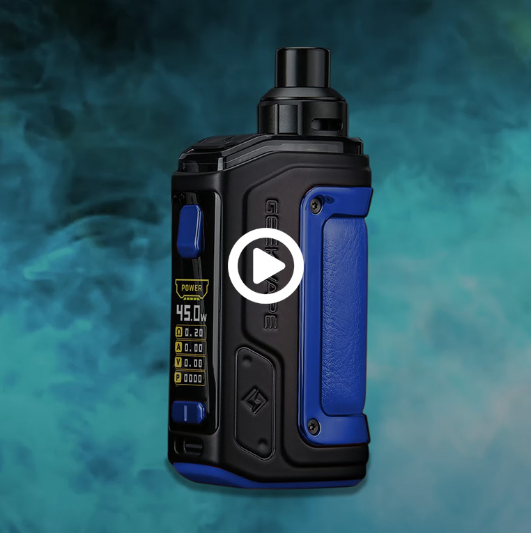 Product video frame featuring a GeekVape mod over a smoky blue backdrop, demonstrating digital signage motion graphics engagement strategy for smoke shop promotional channels. 