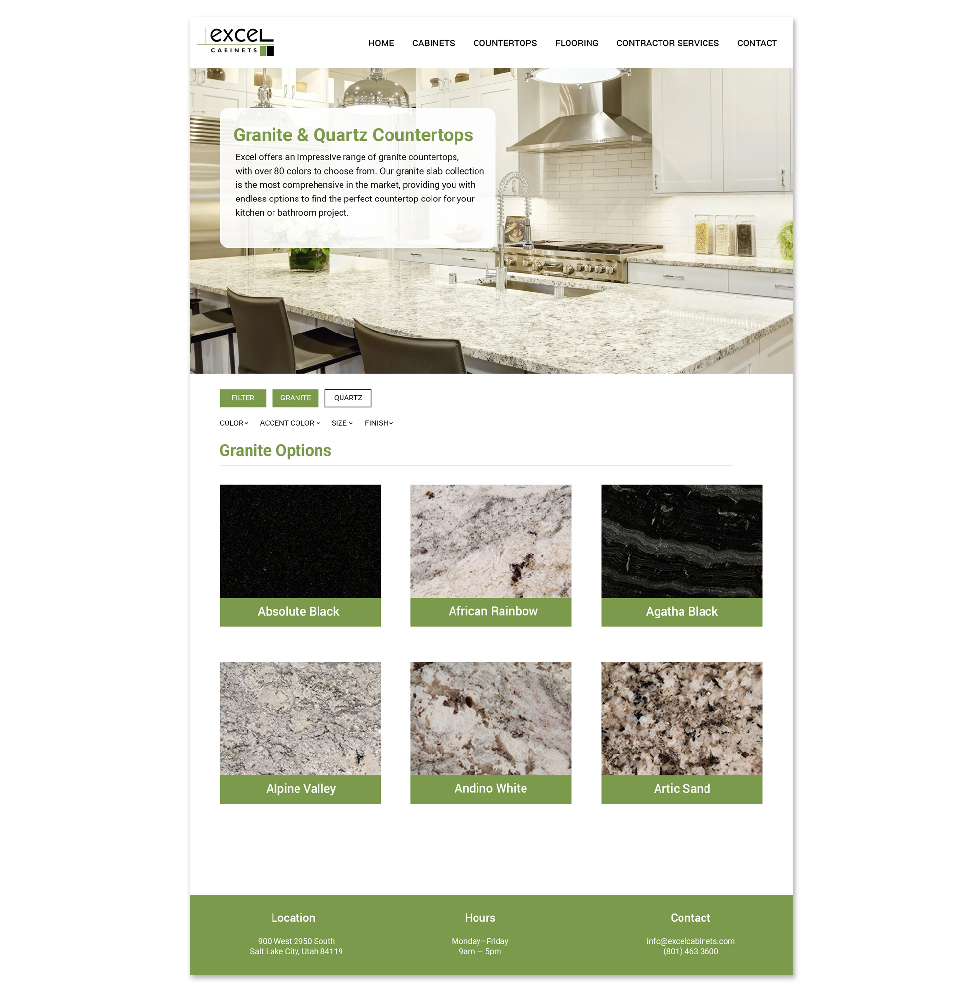 Desktop web design mockup showing granite and quartz countertop swatch options for a commercial distributor catalog
