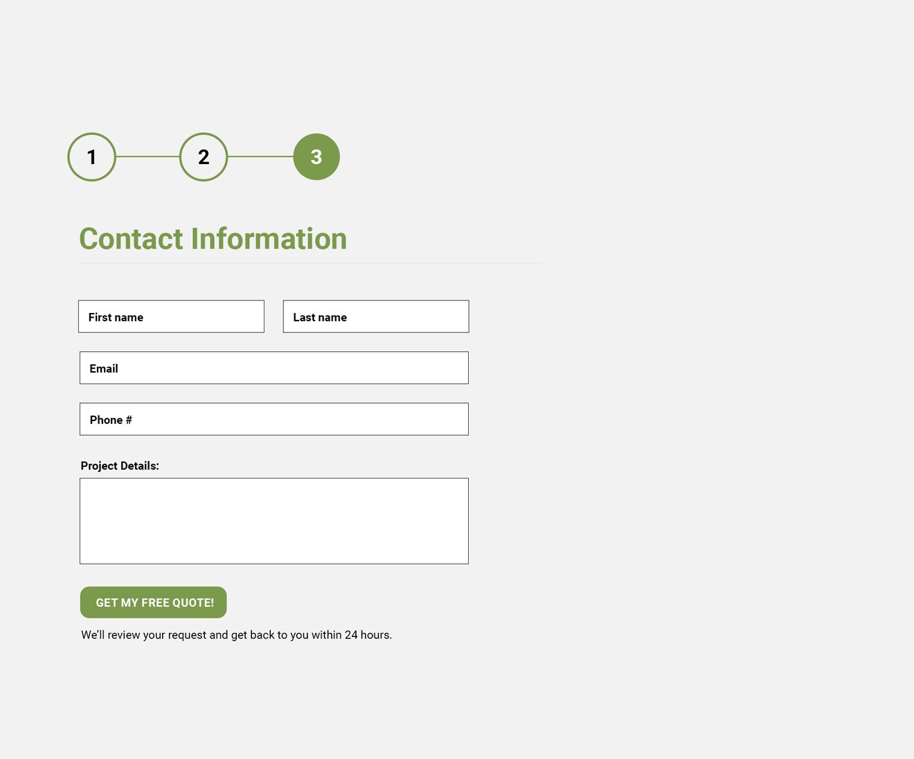 Final step of a website lead generation form capturing contact details and custom project descriptions.