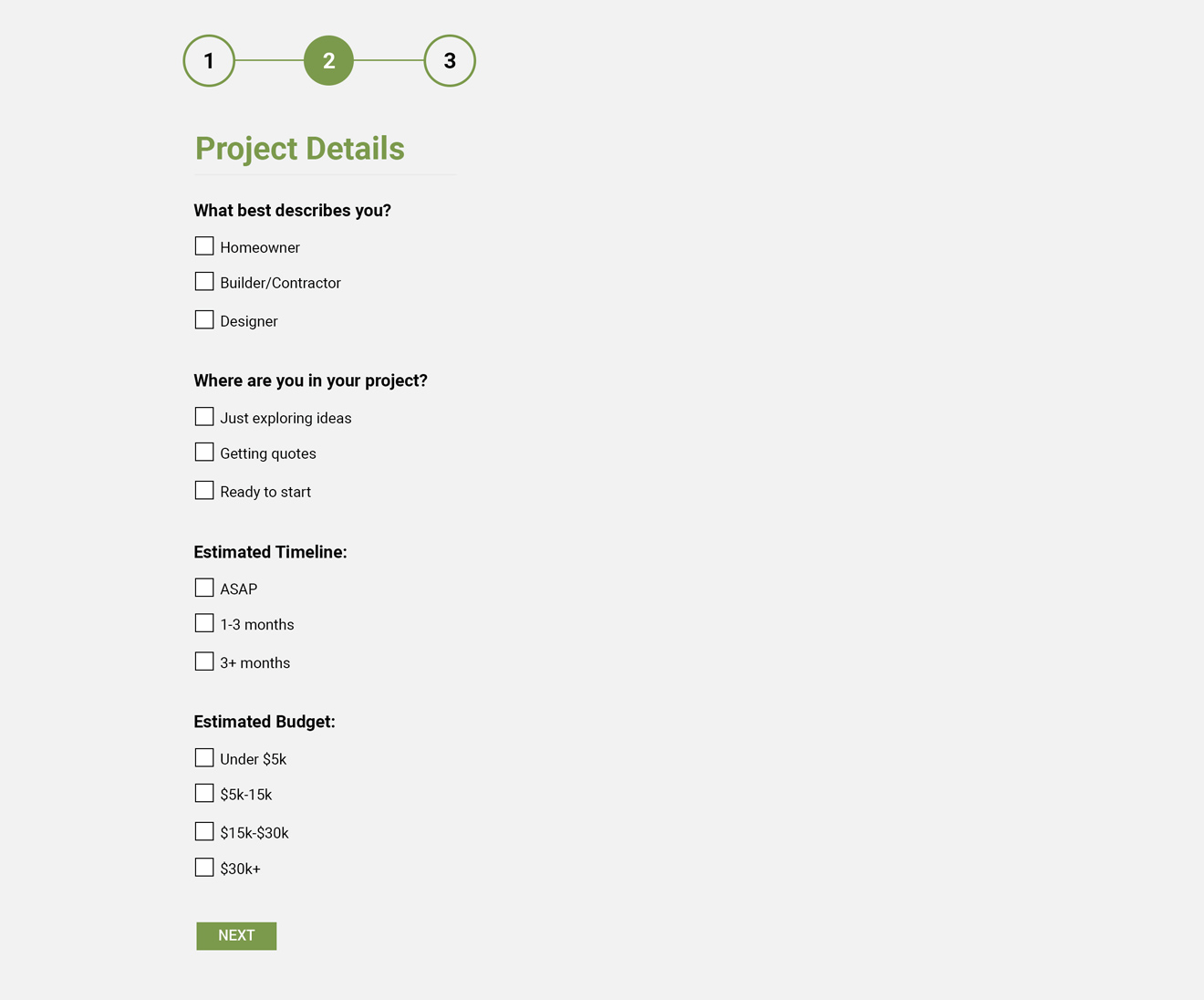 Step two of a B2B contractor lead generation form capturing project stage, timeline, and estimated budget.
