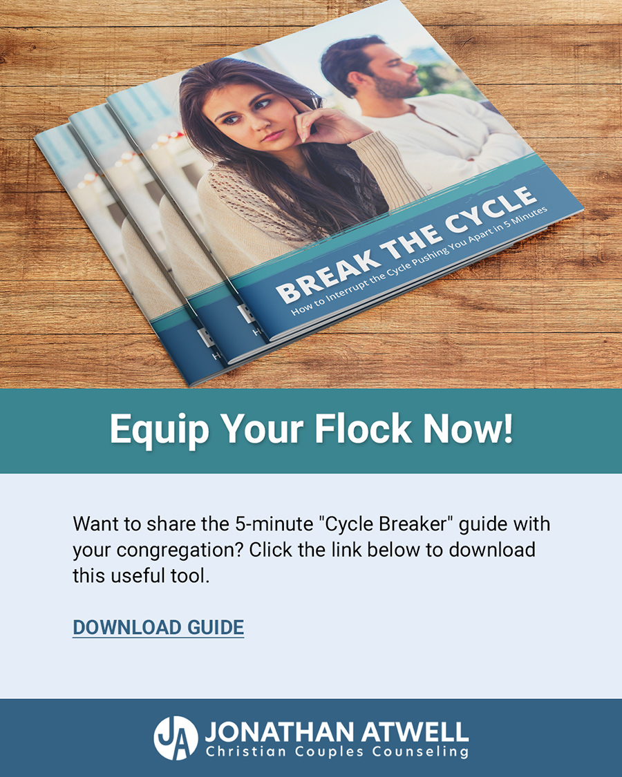 Mockup of the Break the Cycle brochure on a wooden surface with a call to download the 5-minute guide