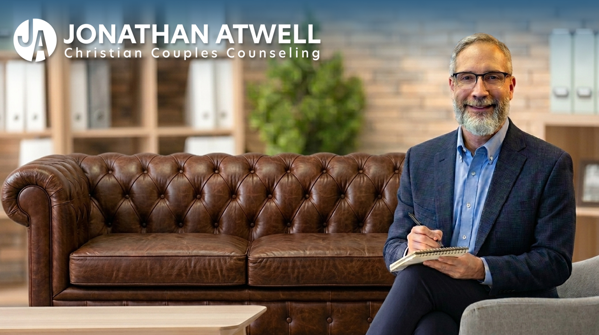 Jonathan Atwell seated in office setting alongside Christian Couples Counseling branding.