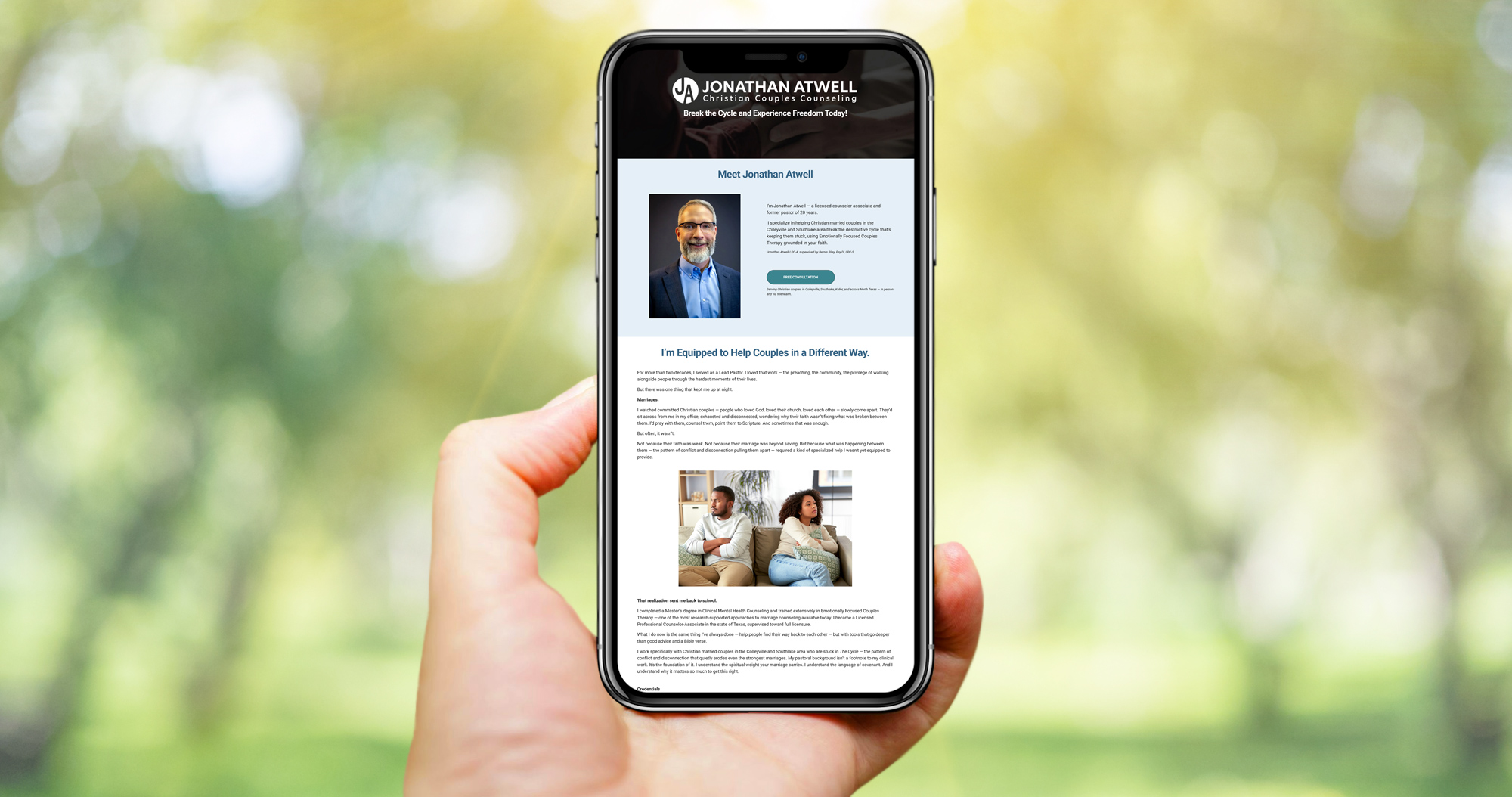 Mobile view of Meet Jonathan Atwell page highlighting EFT and faith-based marriage specialization.