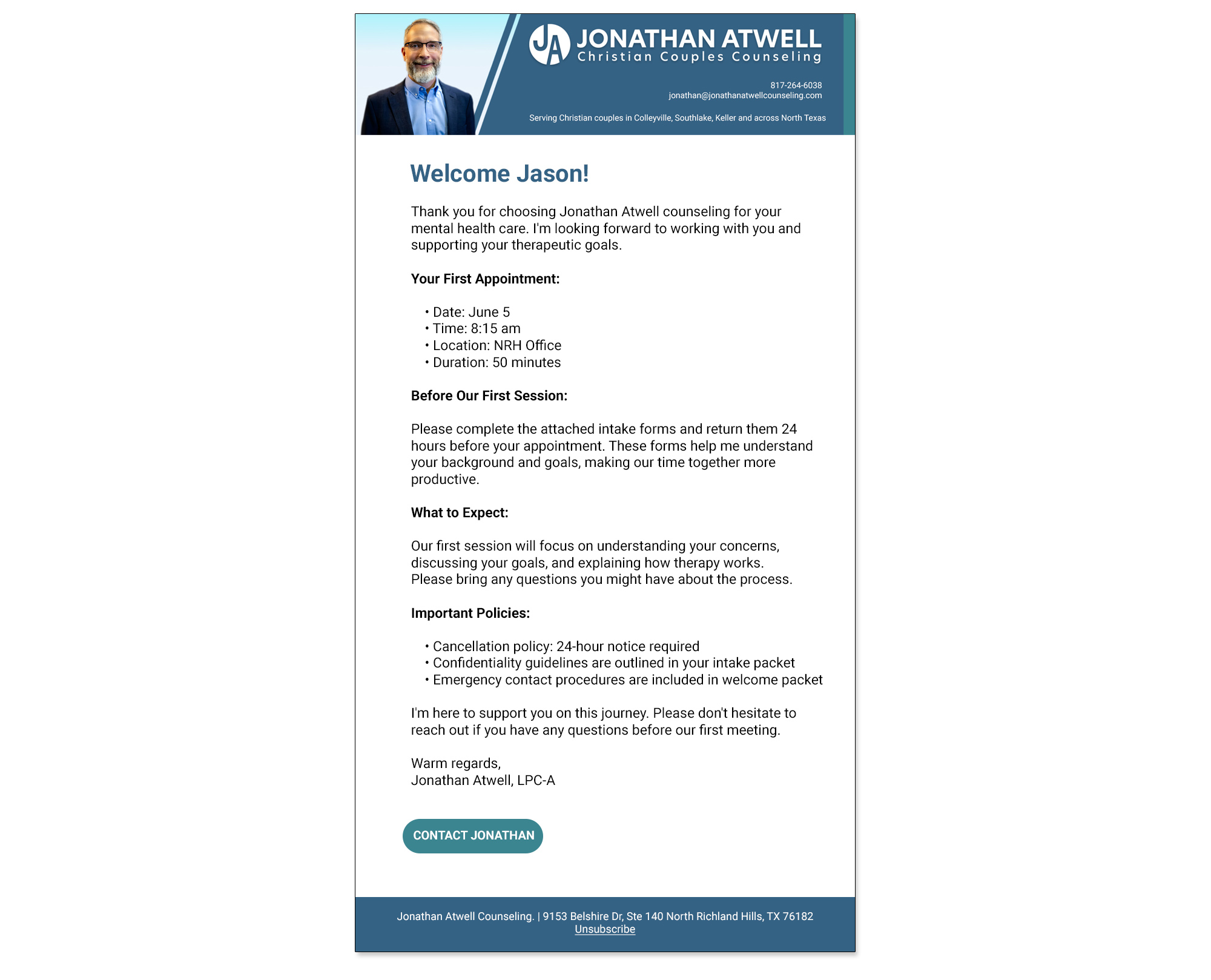 Responsive client welcome email template for Jonathan Atwell Christian Couples Counseling.