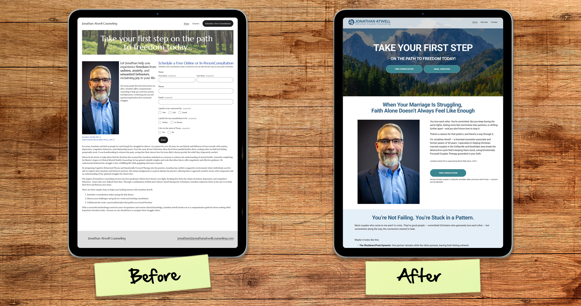 Before and after homepage redesign comparison for Jonathan Atwell Counseling showing responsive layout optimization.