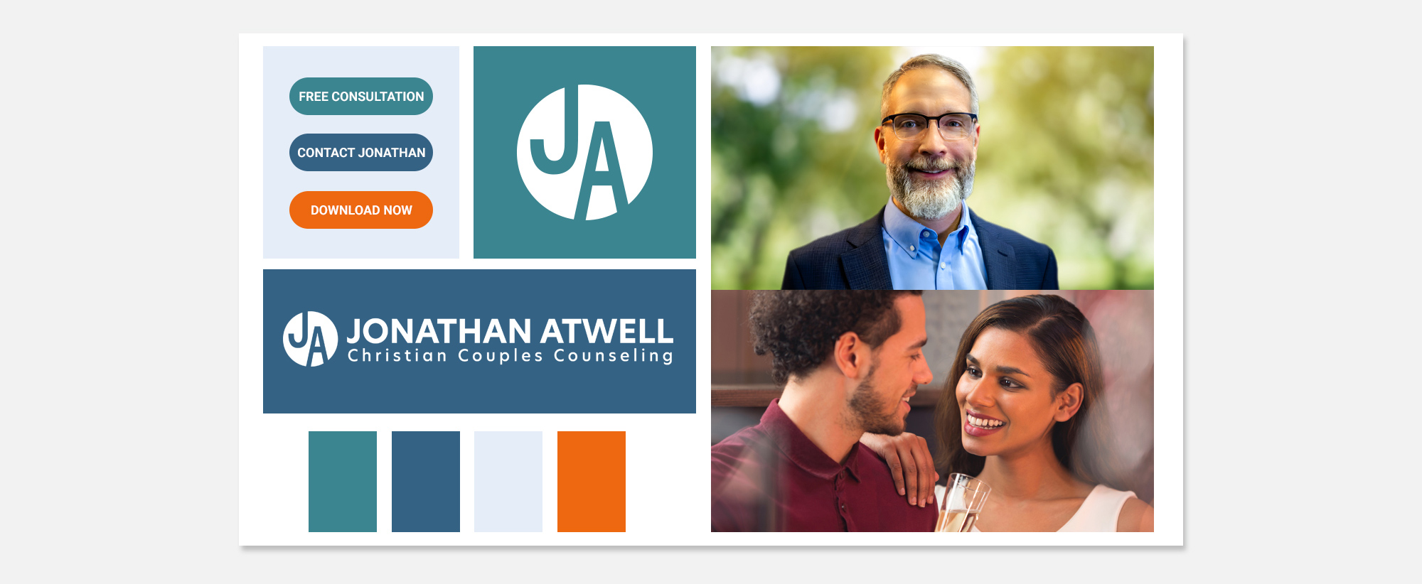Brand moodboard for Jonathan Atwell Counseling featuring logo design, color palette, and imagery.