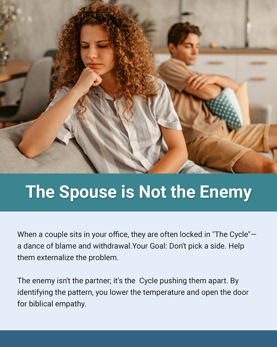 Pensive woman on sofa with distant partner in background illustrating marriage conflict externalization