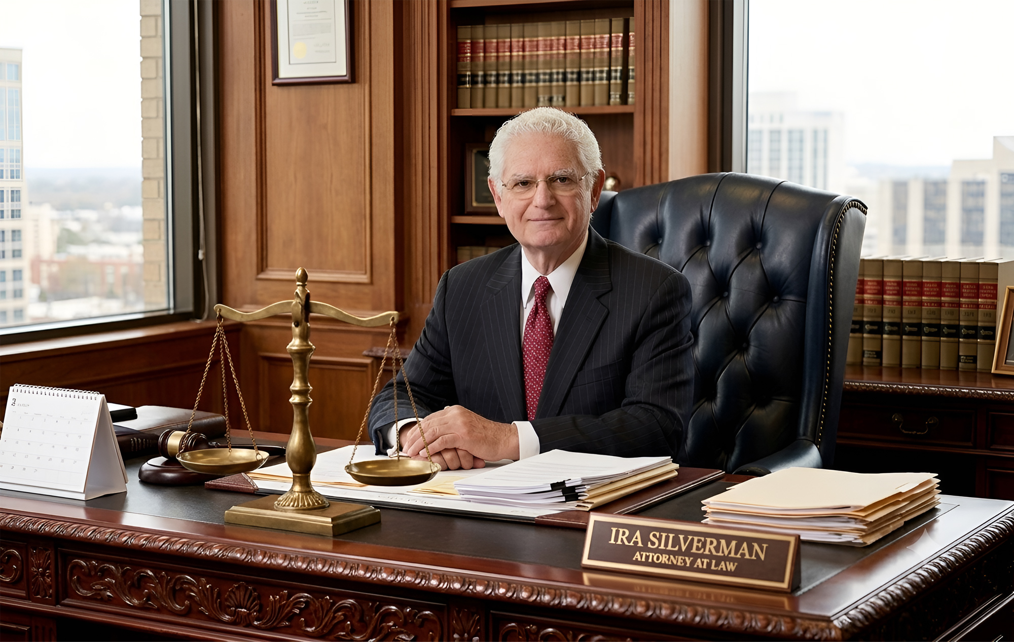 Attorney Ira Silverman sitting at desk in executive office setting with scales of justice