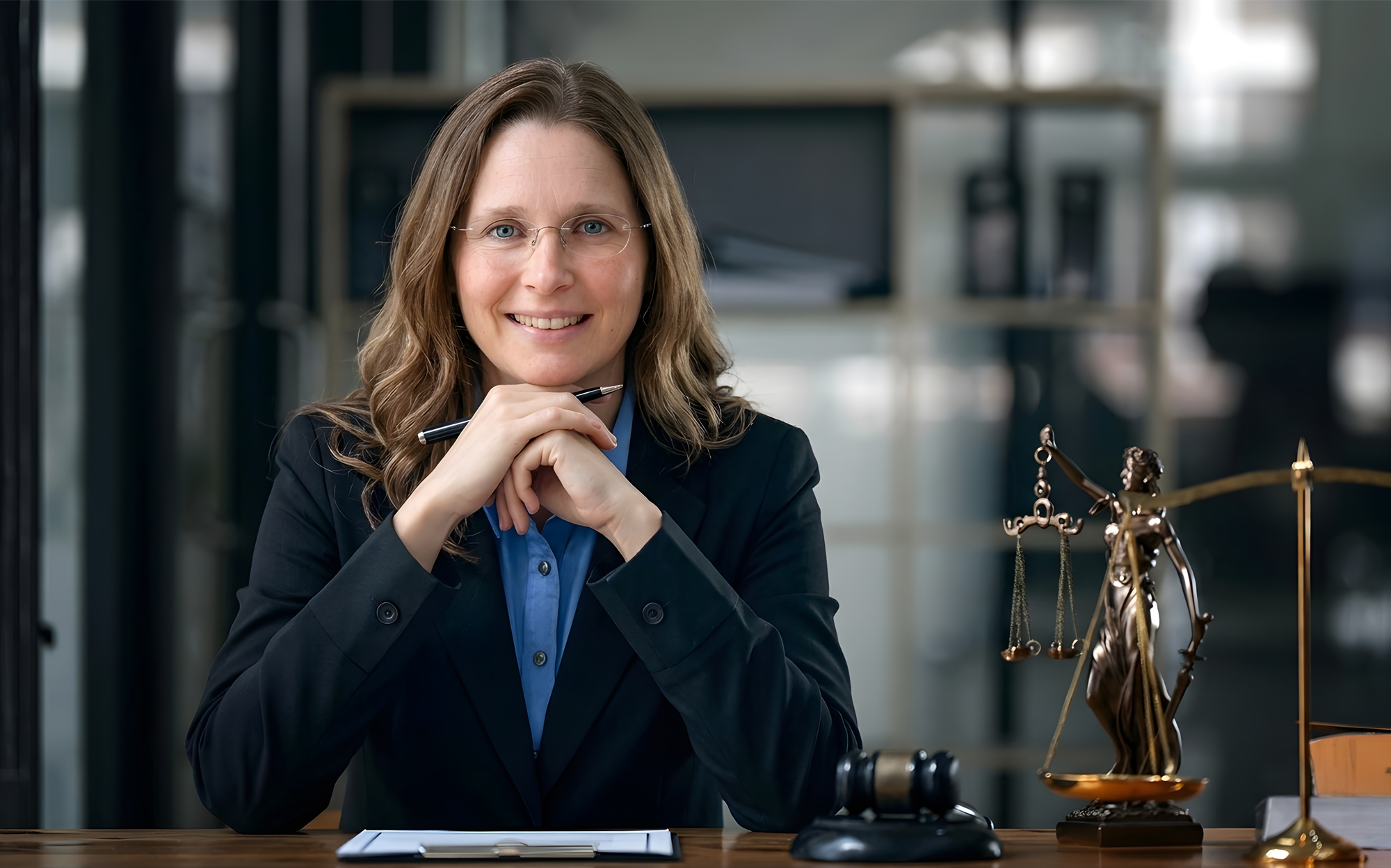 Attorney Rhonda Goodwin sitting at desk in office with legal gavel and scales of justice.