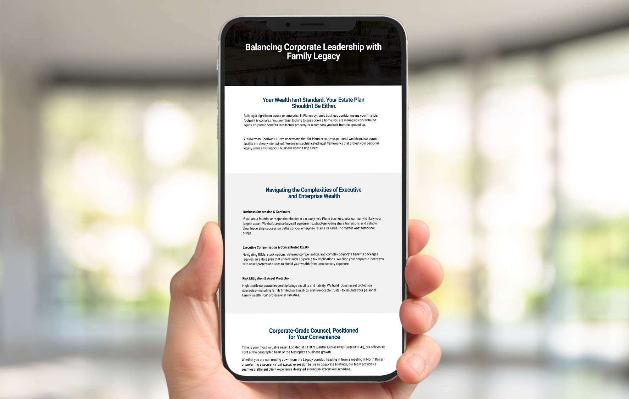 Smartphone mockup displaying mobile responsive estate planning affinity page for Silverman Goodwin LLP.