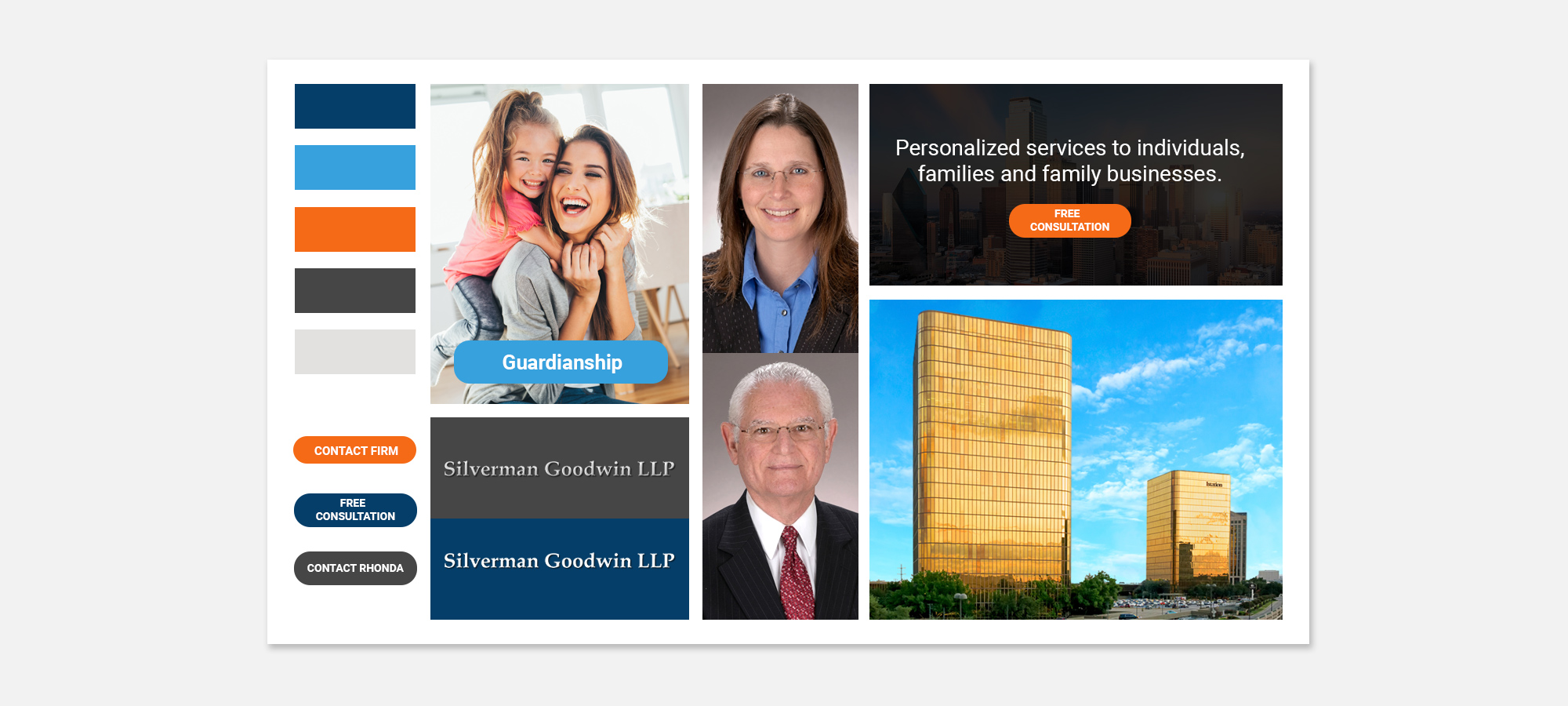 Brand design moodboard and style tile featuring logo options, color palette, and trust badges for Silverman Goodwin LLP.