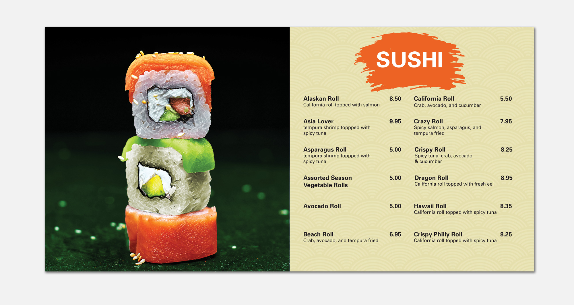 Menu typography and conversion layout featuring a stacked sushi roll photography presentation and priced specialty rolls.