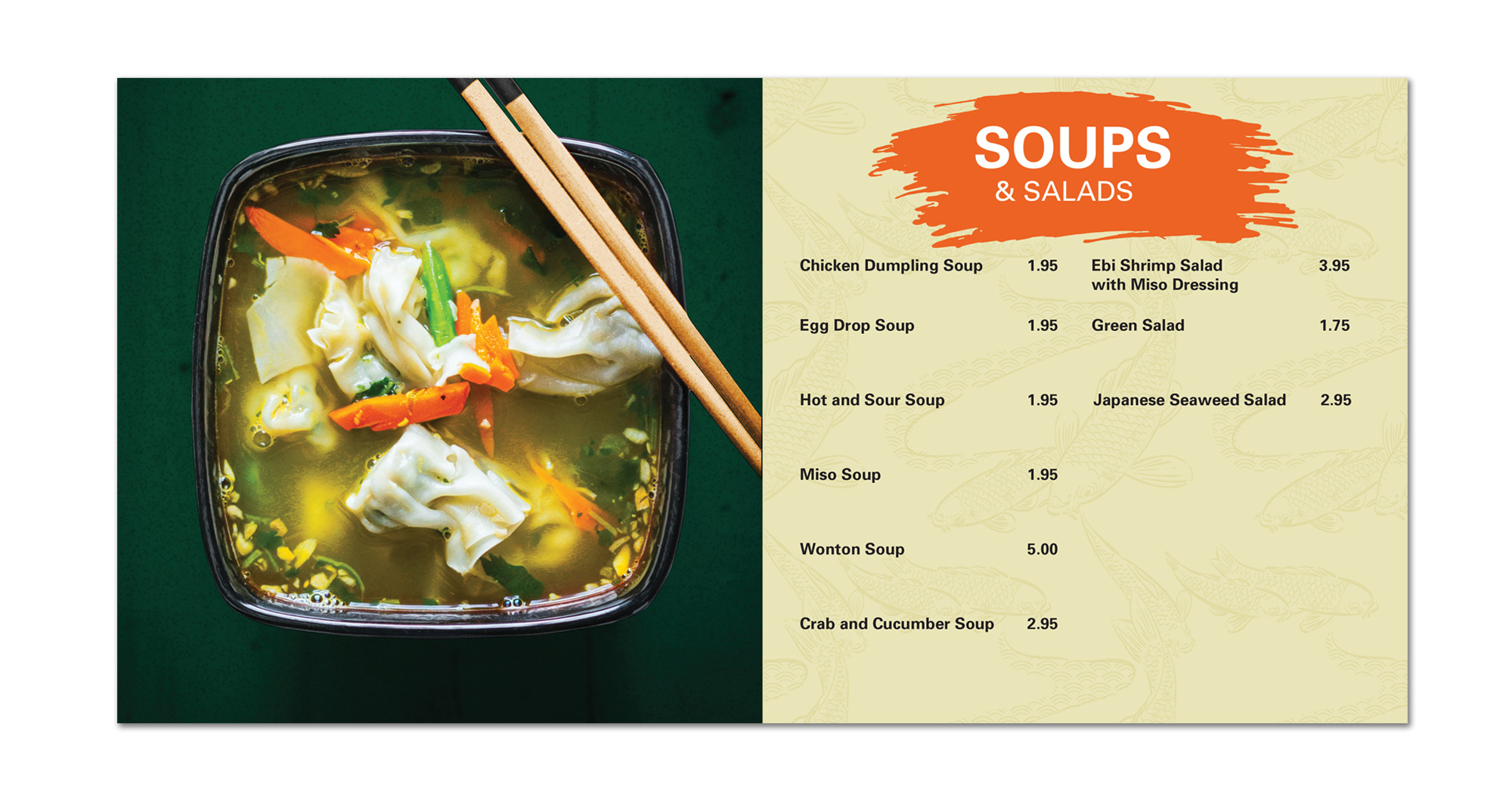 Multi-cuisine restaurant visual page layout displaying a warm bowl of wonton soup alongside listed Asian soups and salads.