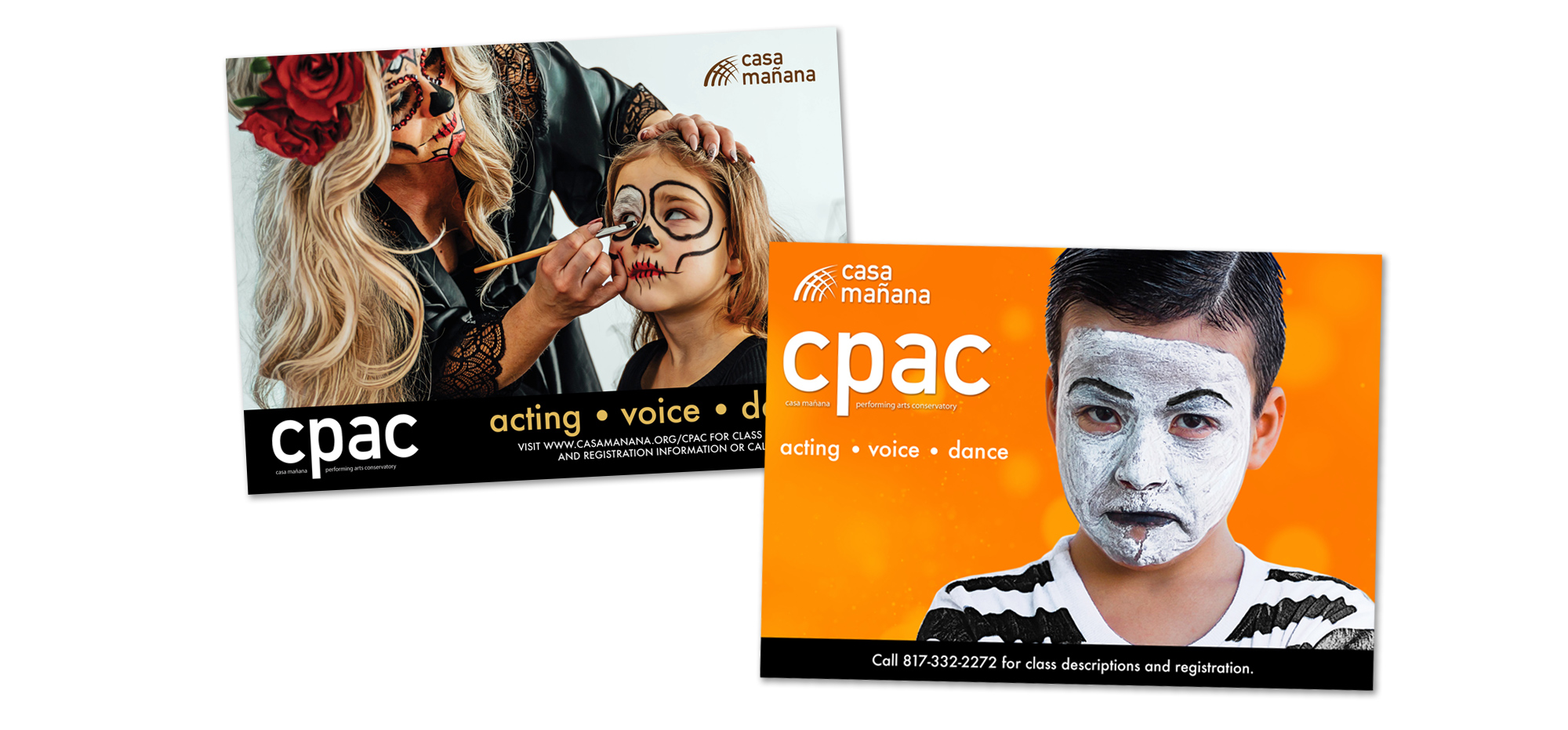 Two promotional postcards for Casa Mañana's Performing Arts Conservatory (CPAC) showing young students wearing theatrical makeup for acting, voice, and dance classes. 