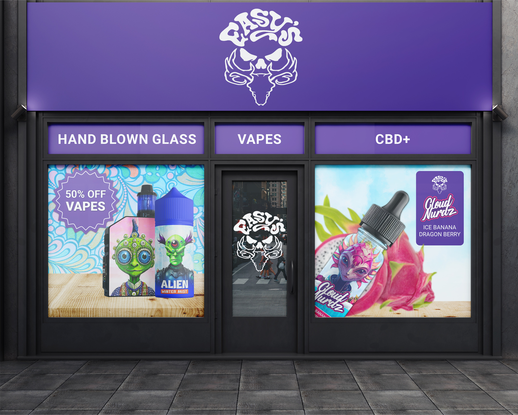 Modern retail storefront design mockup showing custom Easy's window decal graphics and purple exterior branding.