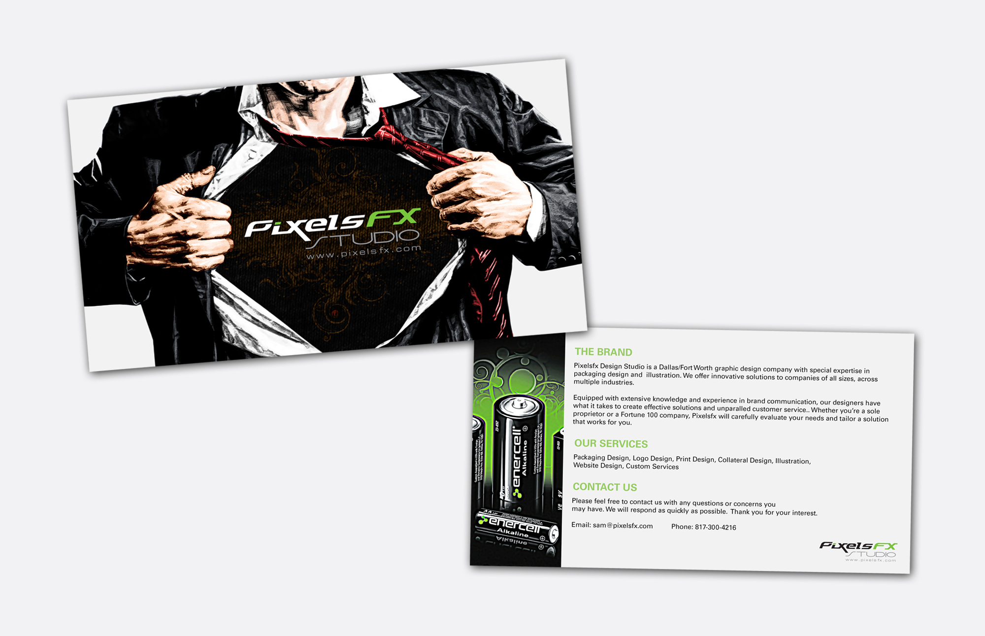 Front and back view of a B2B presentation leave-behind layout for PixelsFX Studio, showcasing agency services, contact information, and brand typography.