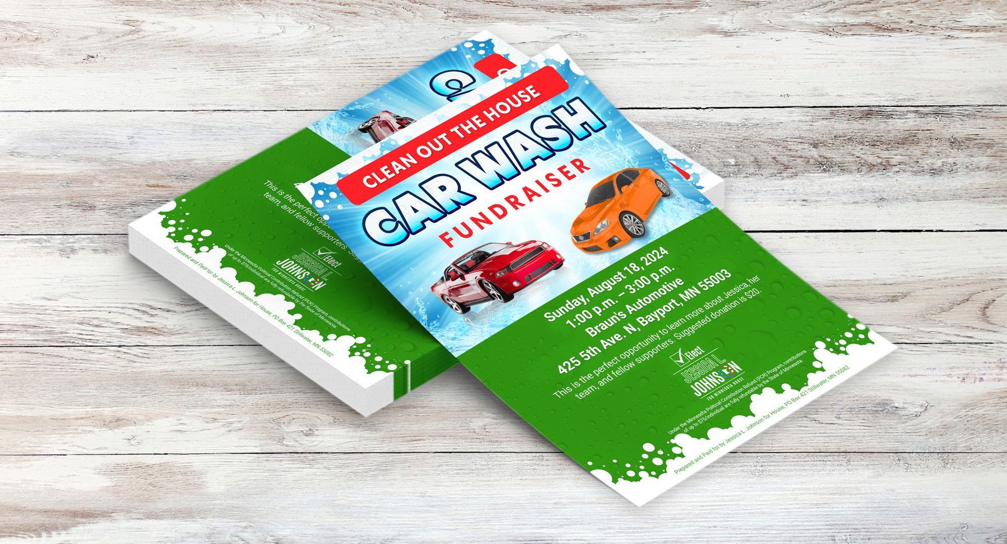 Printed car wash fundraiser poster highlighting voter outreach strategies for a local political campaign.