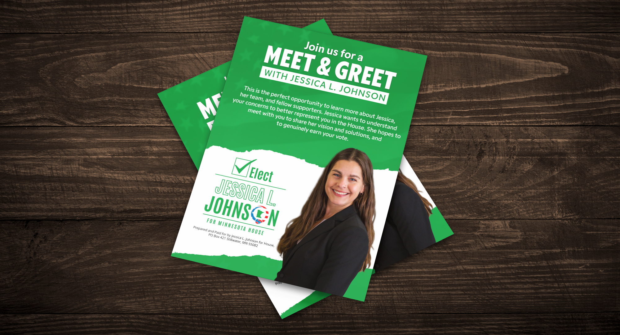 Stacked promotional campaign flyers announcing a candidate meet and greet event for a Minnesota House campaign.
