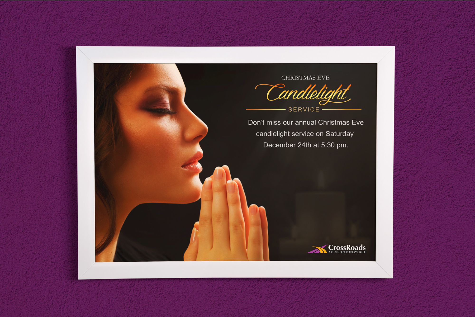 Framed event poster design with elegant typography advertising an annual Christmas Eve Candlelight Service for CrossRoads Church. 