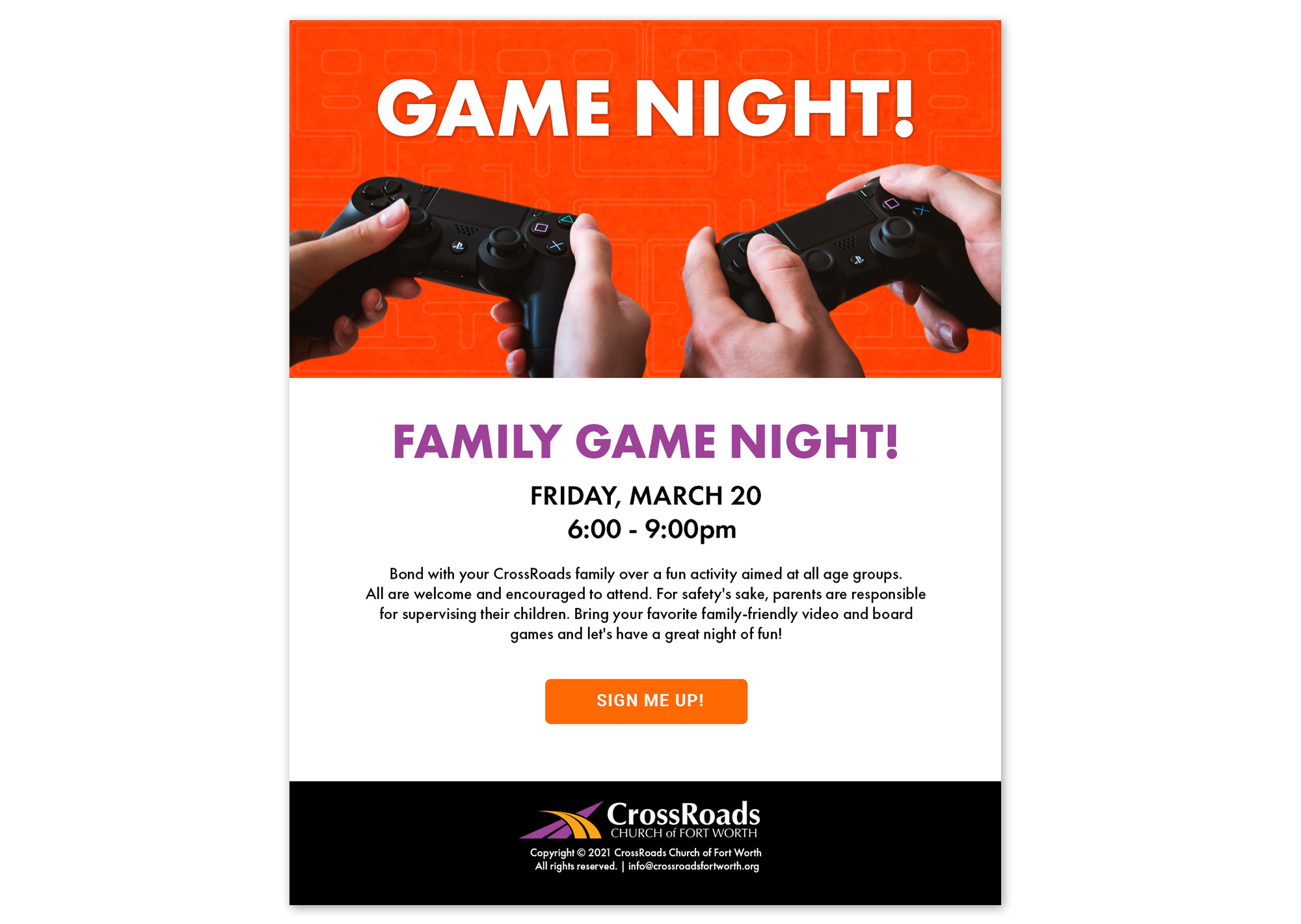 Responsive HTML email template for CrossRoads Church promoting a family game night event with event details and sign-up button.