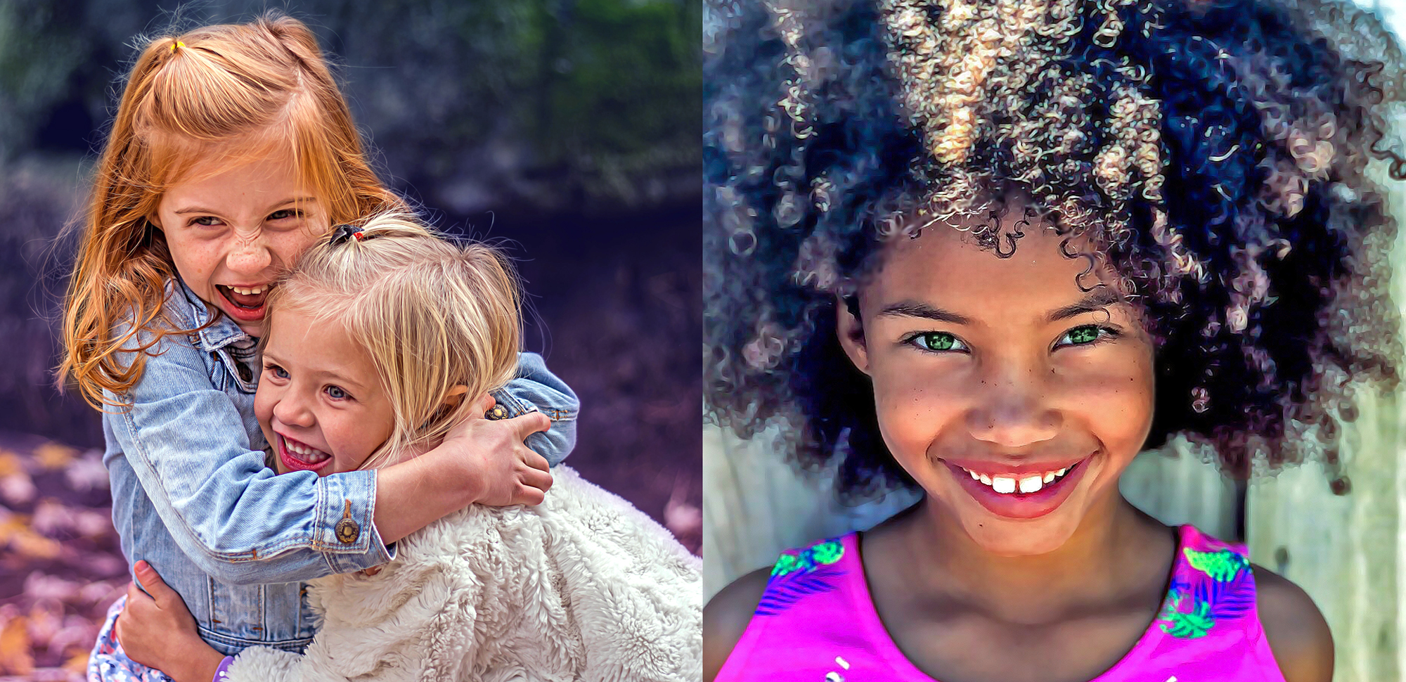 Split banner showing smiling children embracing and a young girl portrait for a Boys & Girls Clubs non-profit event video campaign.