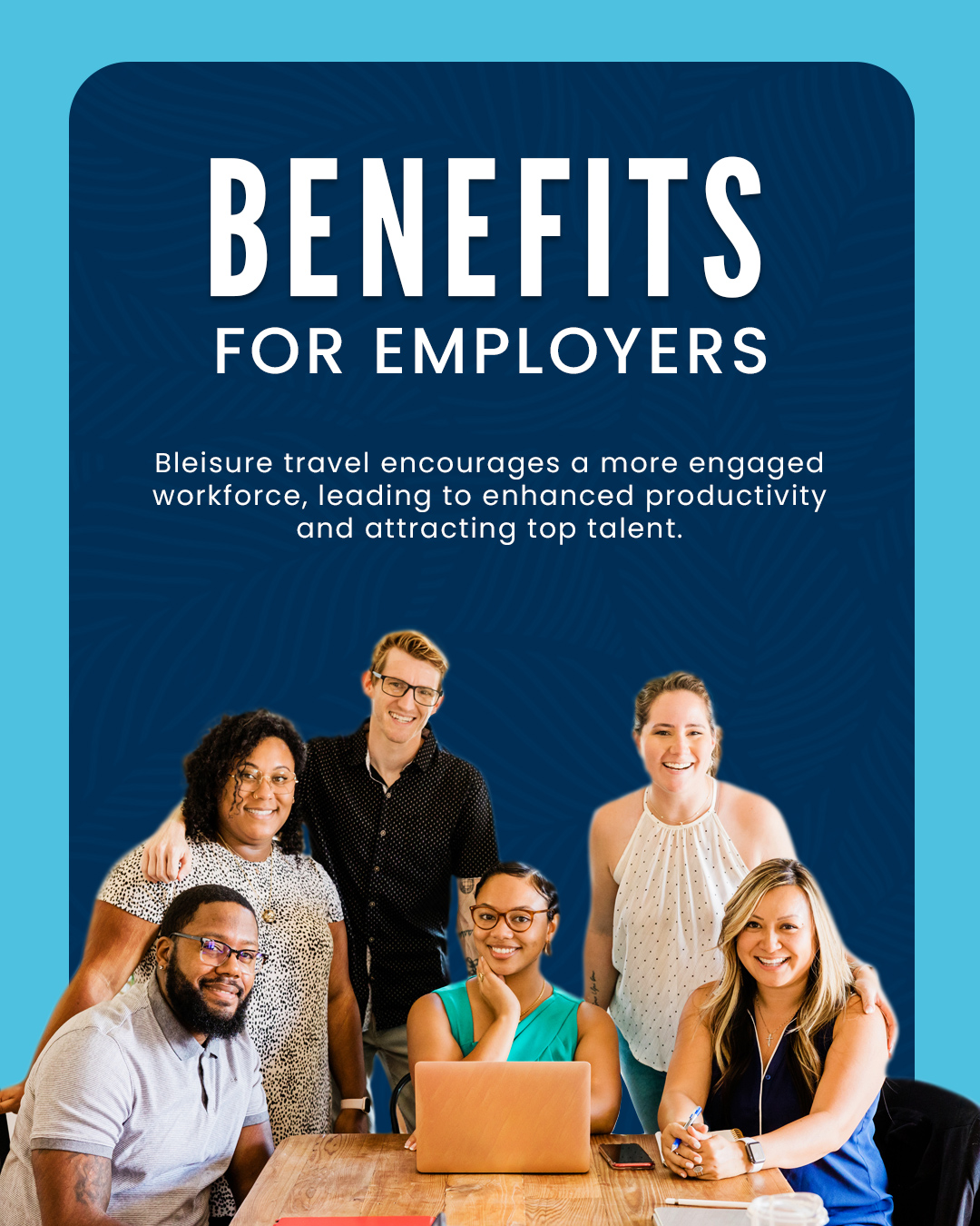 Corporate social graphics layout detailing employer benefits accompanied by a diverse office team photo.