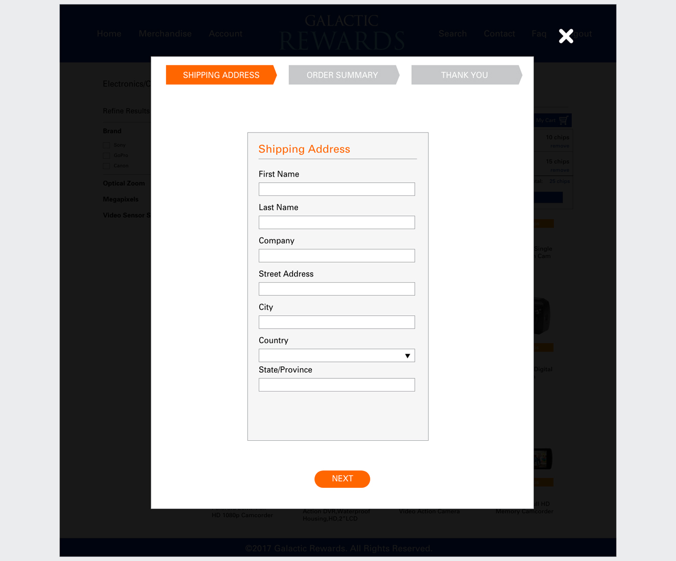 E-commerce checkout workflow modal showing progress bar step for entering shipping address details.