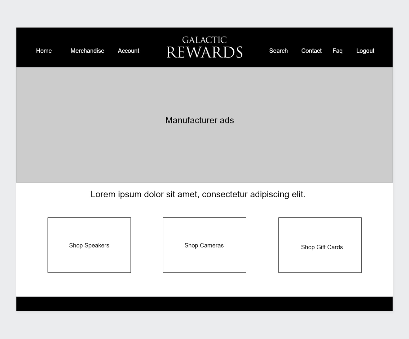 Homepage wireframe layout for Galactic Rewards featuring a top banner for manufacturer ads and three main department entry cards.
