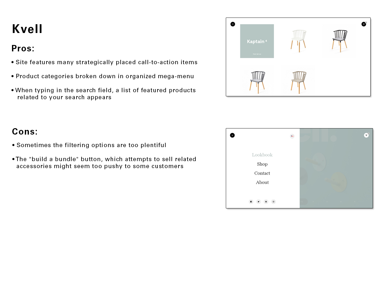 UX research case study reviewing Kvell's mega-menu navigation, search filtering options, and bundle promotions.