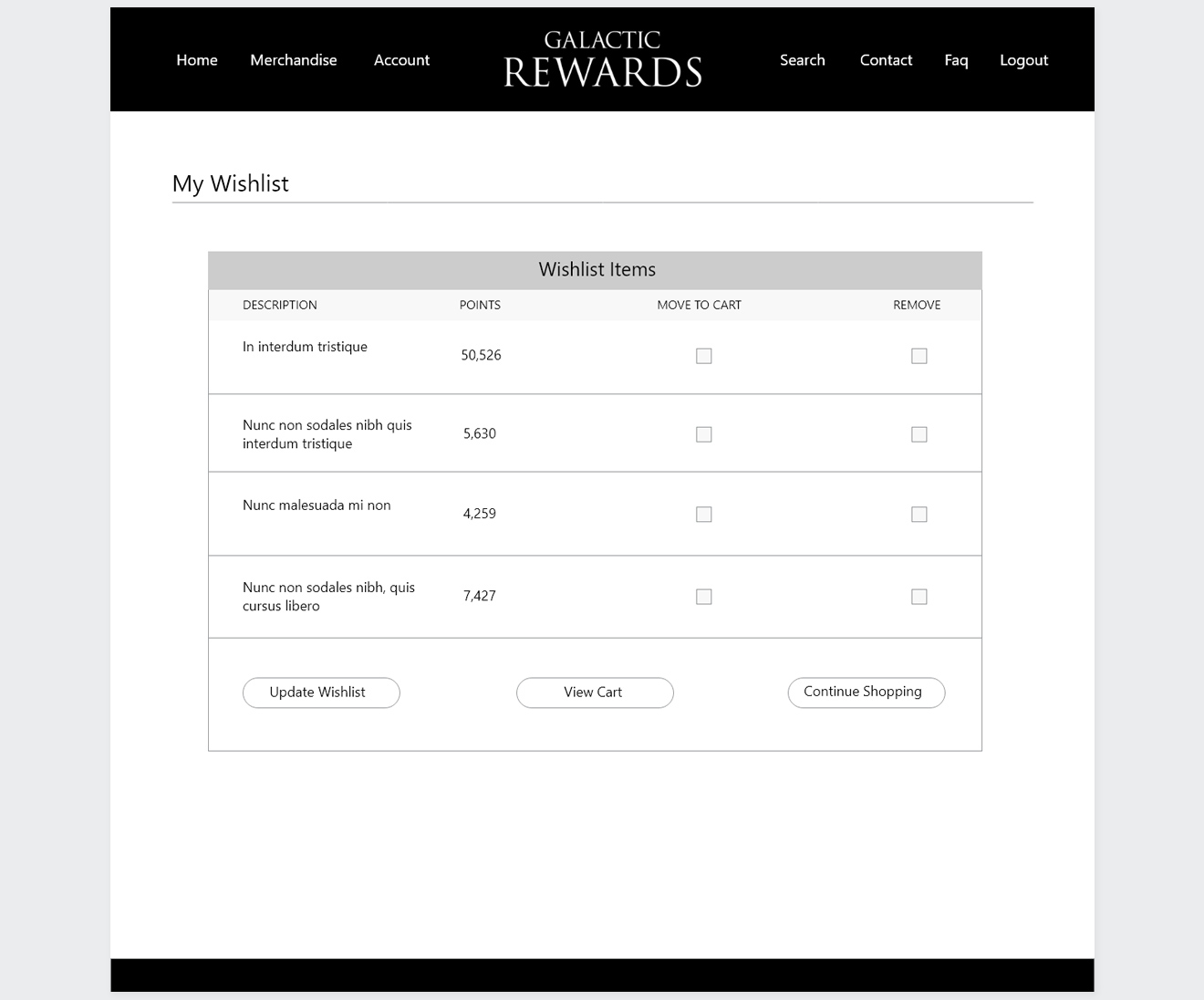 E-commerce wishlist wireframe layout listing saved reward items, required point values, move-to-cart checkboxes, and action controls.
