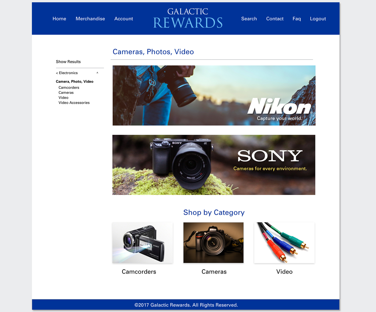 Category landing page featuring promotional brand banners for Nikon and Sony alongside visual category navigation cards.