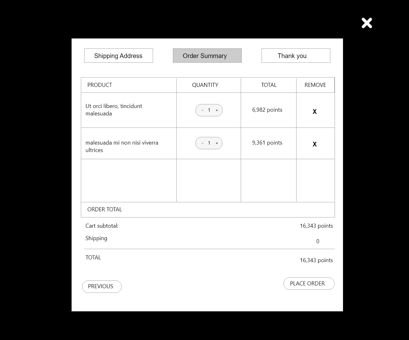 High-level wireframe design for an e-commerce order summary modal detailing item list, point totals, and navigation buttons.