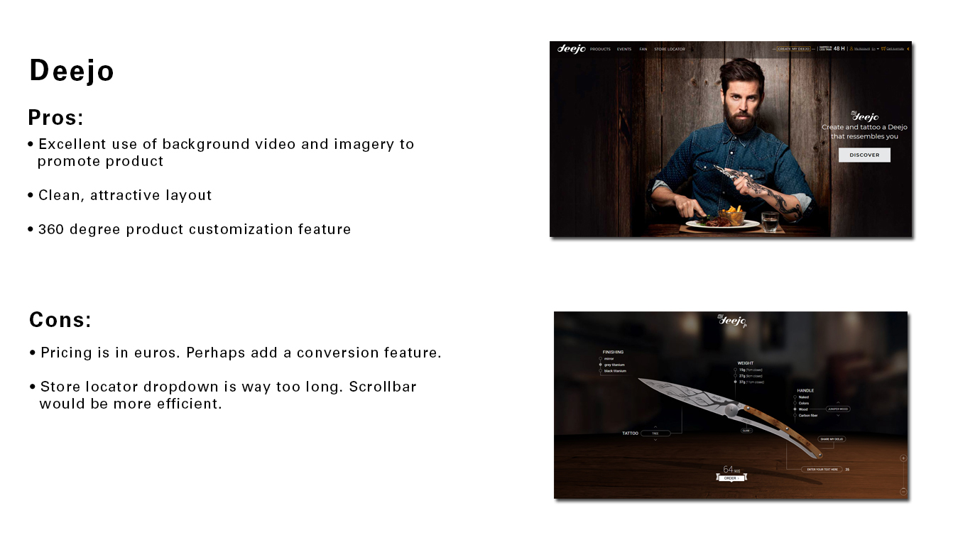 UX competitive analysis layout reviewing pros and cons of the Deejo knife customization e-commerce experience.