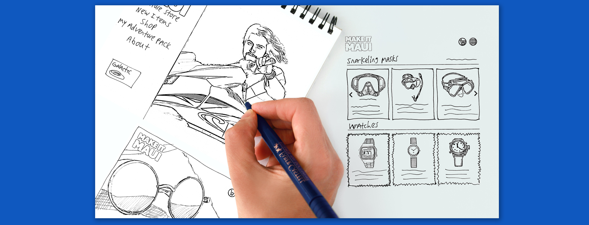 Hand-drawn wireframe sketches and layout ideation for the Make It Maui e-commerce product catalog.
