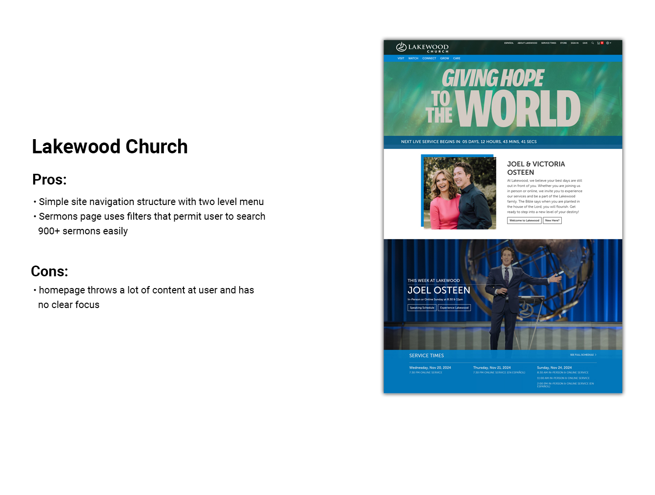 Competitor website audit highlighting two-level navigation structure and content density evaluation for Lakewood Church.